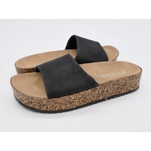 Story Sandals Womens 7 Platform Slides Black Faux Leather Cork Slip On Open Toe